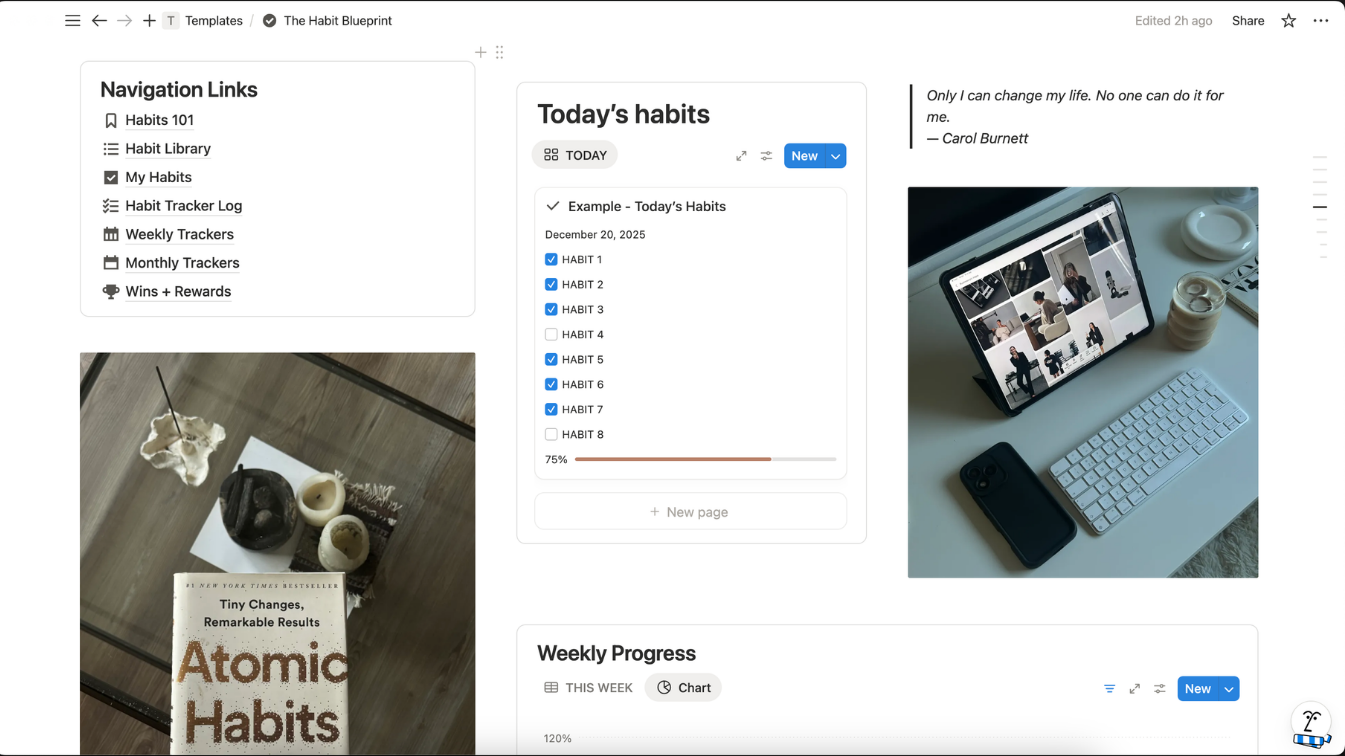 Today's habits checklist and navigation links in Notion