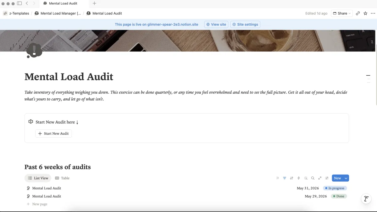 Mental load audit page with past audits