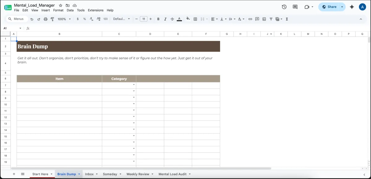 Brain dump tab in the Google Sheets version