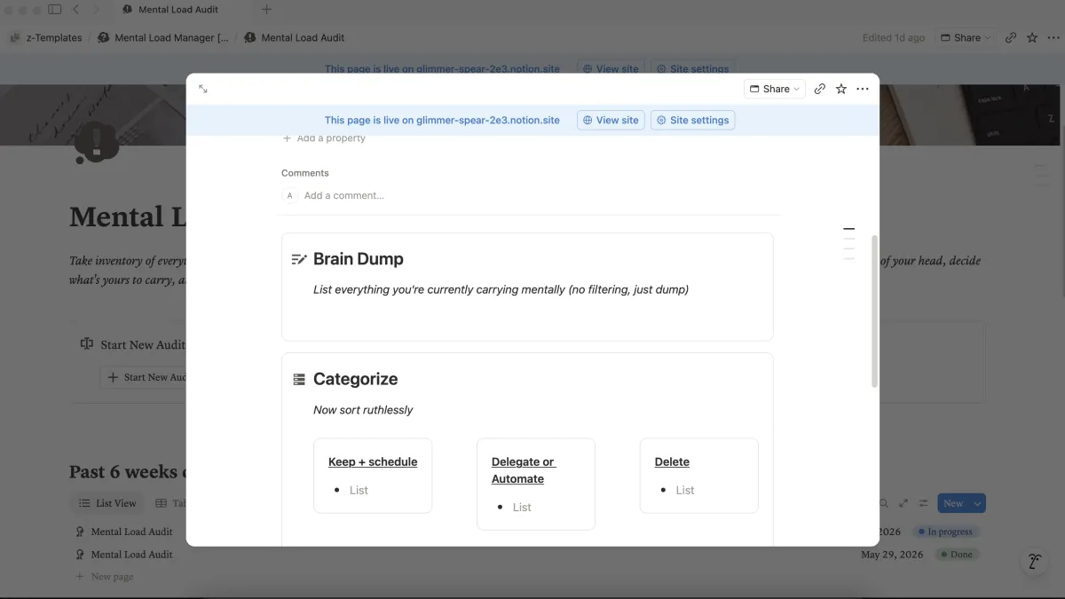 Brain dump page in the Mental Load Manager Notion template