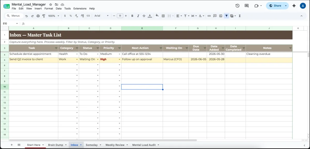 Master task list in the Google Sheets version