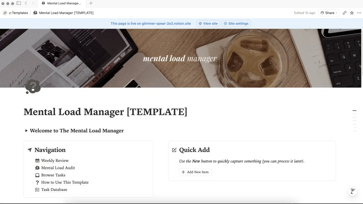 Mental Load Manager template home with navigation and quick add
