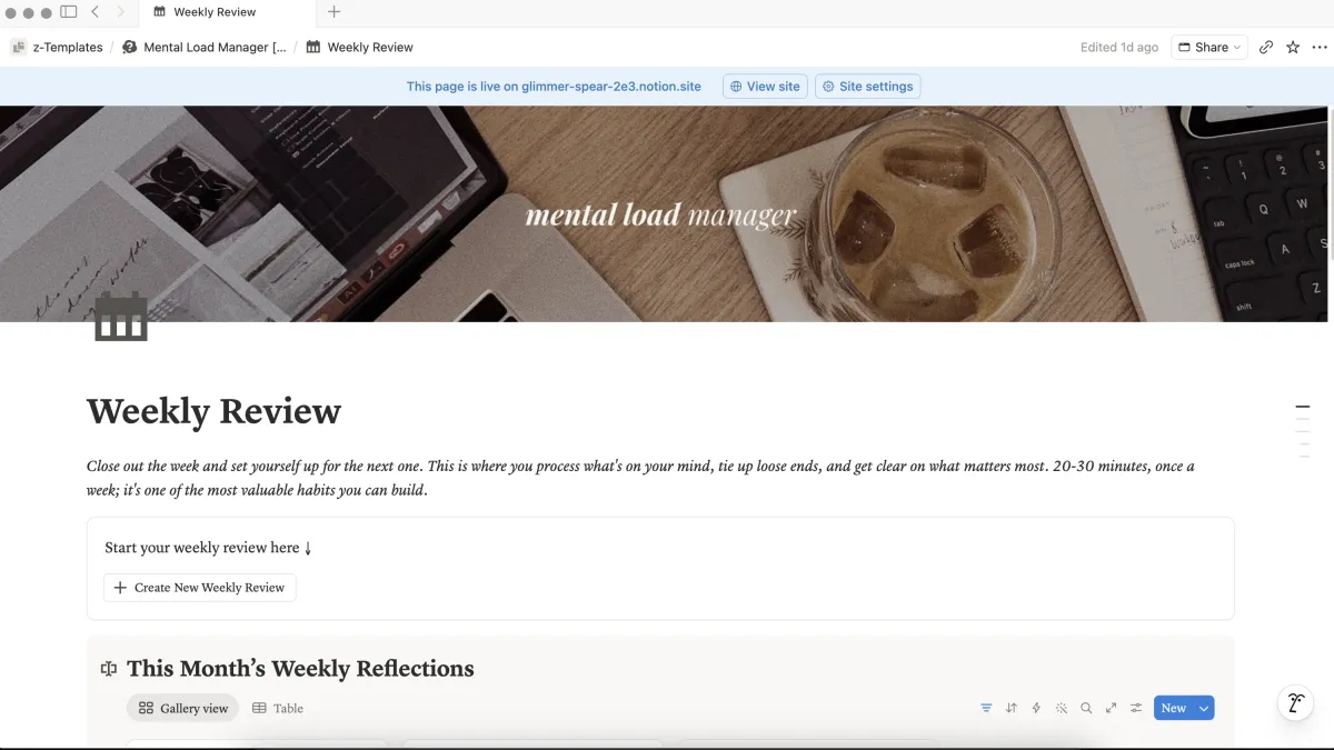Weekly review page with monthly reflections