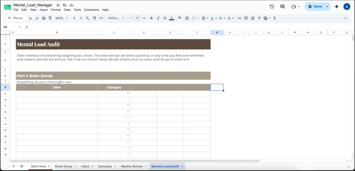 Mental load audit in the Google Sheets version