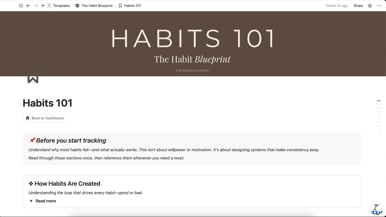 Habits 101 lessons page inside the template