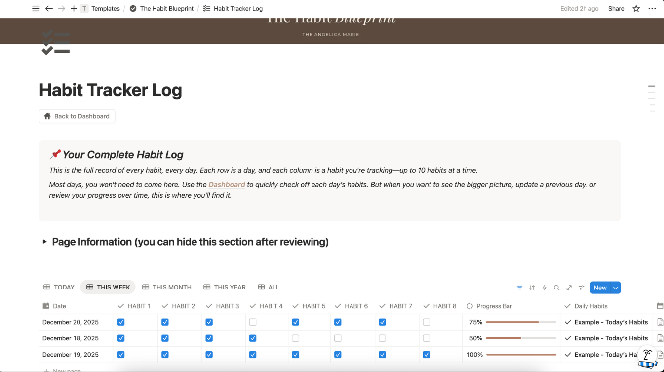 Habit tracker log with daily check-offs and progress bars