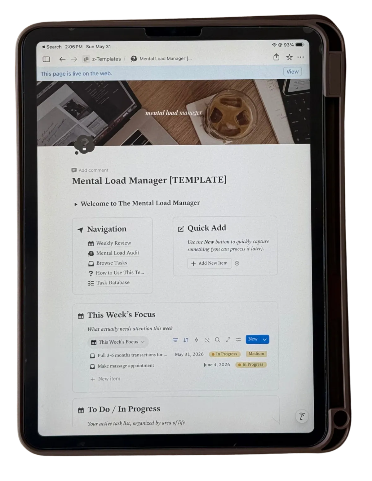The Mental Load Manager template open on a tablet