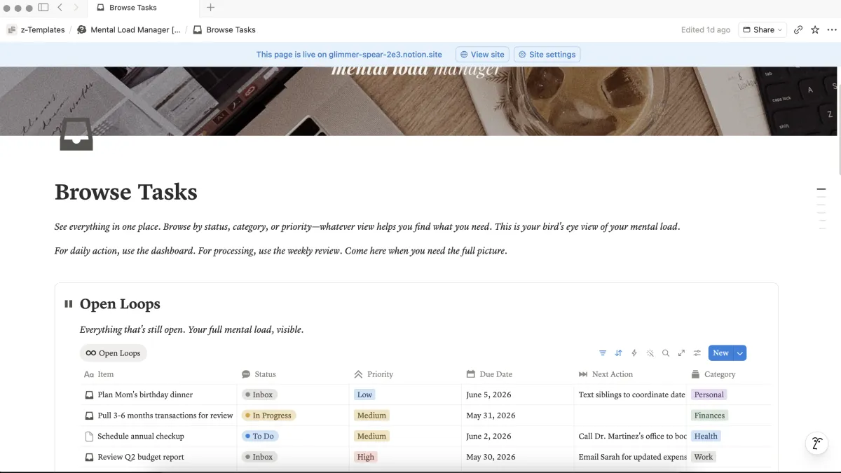 Browse tasks view showing open loops